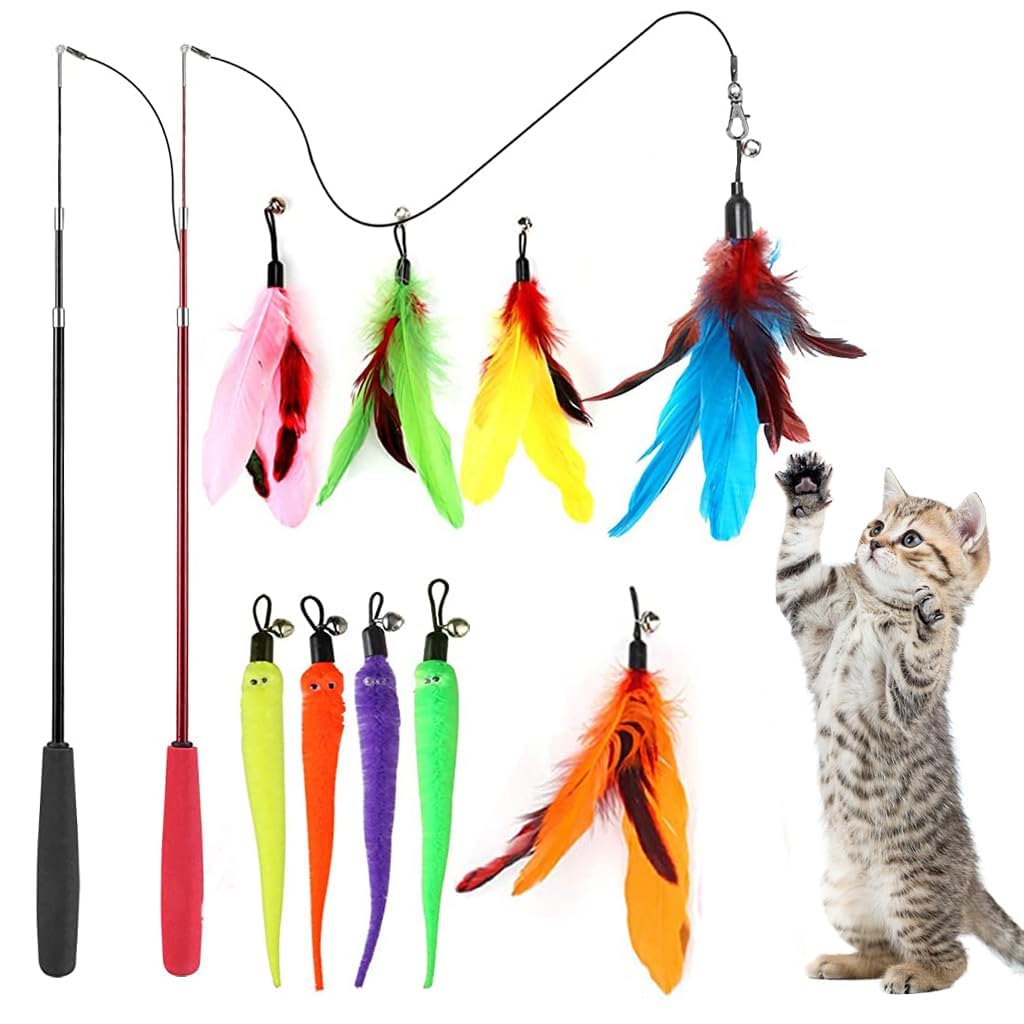 Wolblix Cat Toys Set Of 11 Cat Teaser Wand Toy With 2 Retractable Teaser Wand, 5 Feather Teaser Toy, 4 Worm Teaser Cat Toy Inter