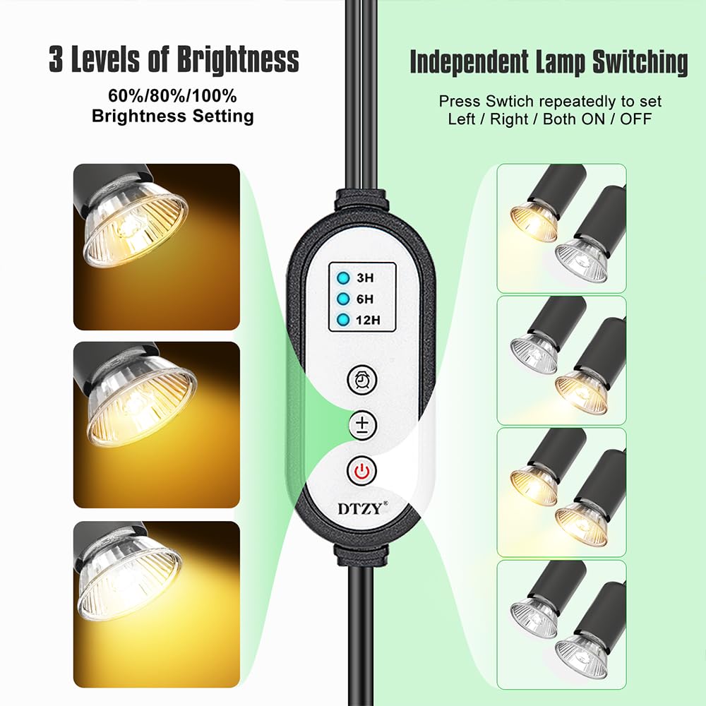Reptile Heat Lamp, Dual-Head Uva/B Reptile Light With 3/6/12H Cycle Timer, Basking Light For Reptile Turtle Bearded Dragon Lizar