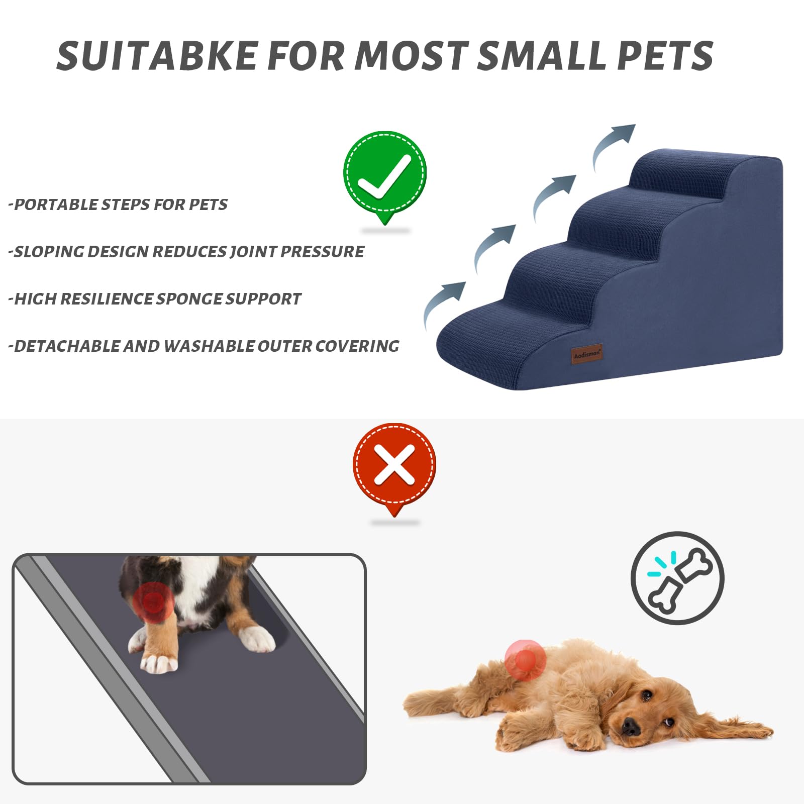 Aodisman 4-Step Dog Stairs and Ramp for Beds or Couches,Non-Slip Sturdy Pet Steps for Small Dogs and Cats,17.4 H,Blue