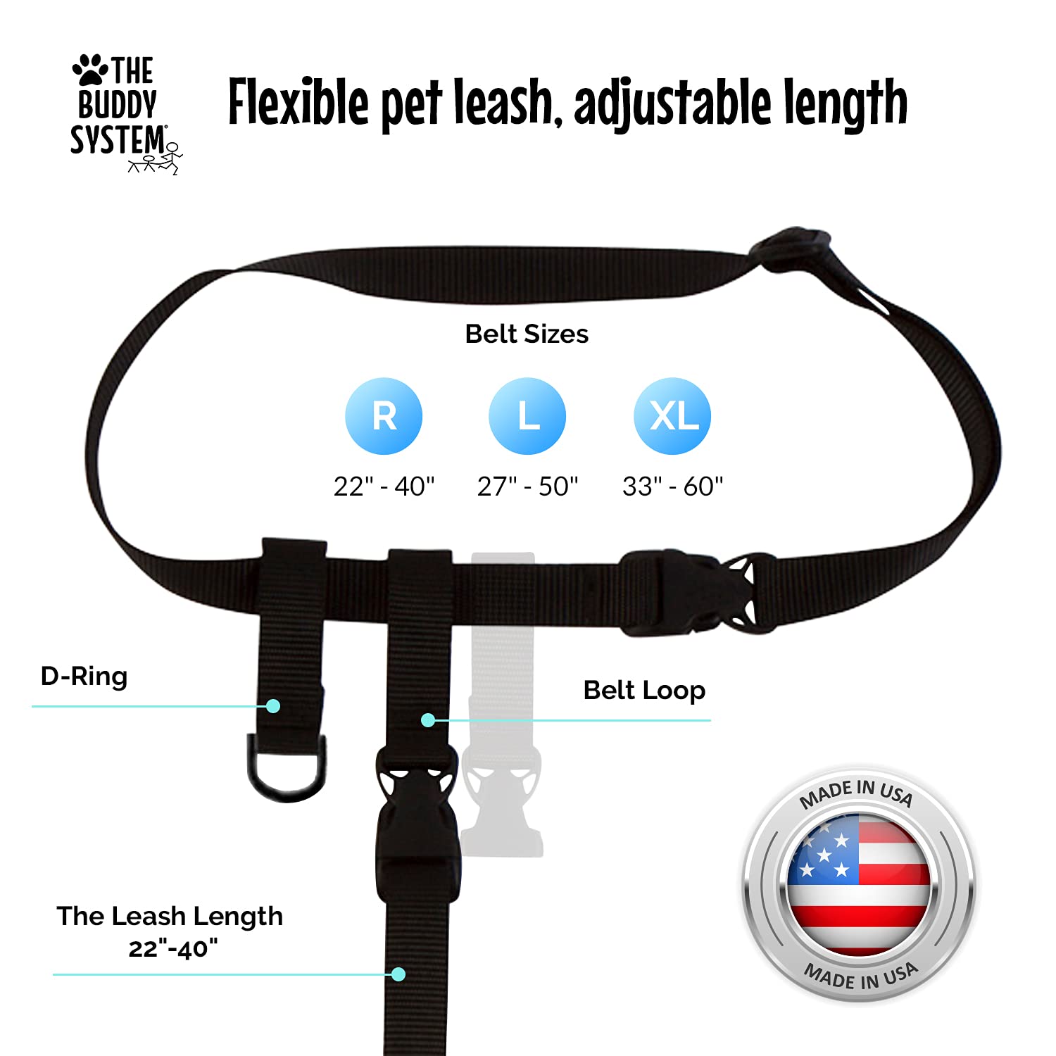 The Buddy System Adjustable Hands Free Dog Leash, Hand-Free Leash For Running, Jogging, Walking, Hiking And Training Service Dogs, Versatile All Dog Sizes - Made In Usa - Regular, Black