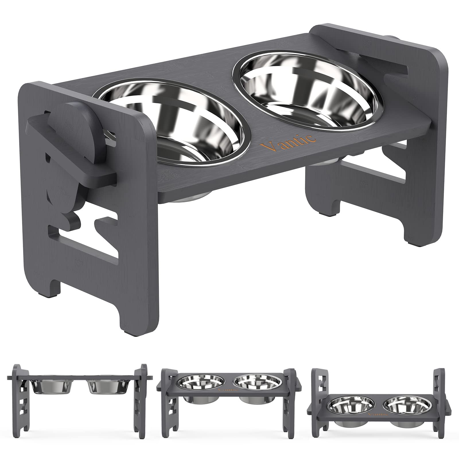 Vantic Elevated Dog Bowls, Adjustable Raised Dog Bowl Stand for Small Puppy and Cats, Sturdy Bamboo Pet Food Feeder with 2 Stain