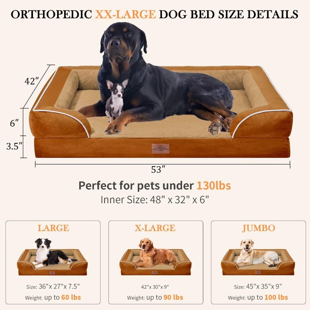 Comfort Expression Waterproof Dog Bed, Xxl Dog Bed Orthopedic Foam, Waterproof Dog Sofa Bed With Washable Removable Cover & Non-Slip Bottom(Xx-Large,Caramel)