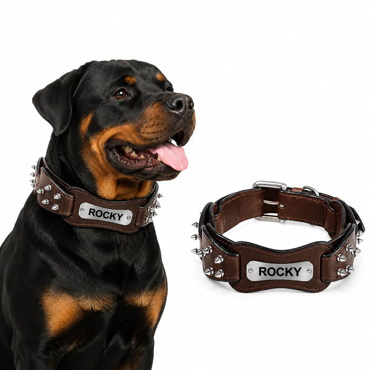 AdilS Personalized Softy Leather Spiked Dog Collar  1.5 Inch Wide Loop With Spikes Heavy Duty Soft Padded Neckbelt, Sturdy Buc