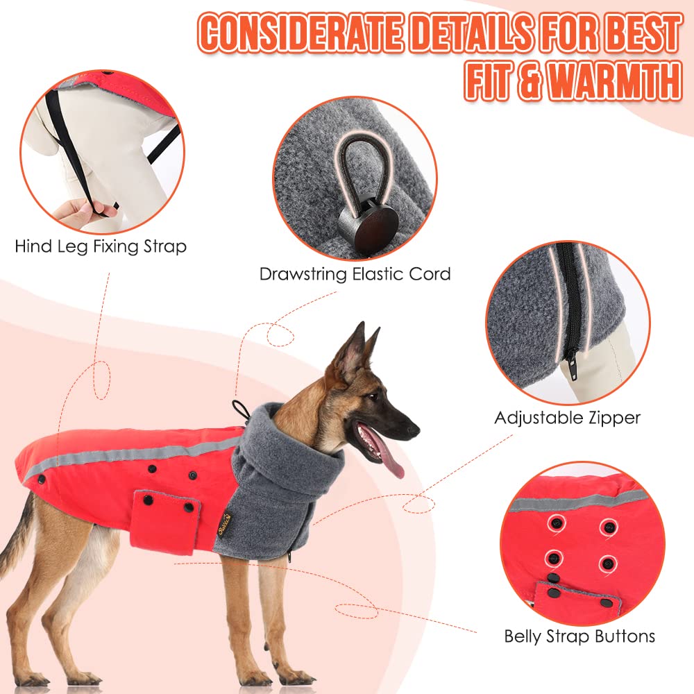 Slowton Winter Dog Coat, Warm Polar Fleece Lining Doggie Outdoor Jacket With Turtleneck Scarf Reflective Stripe Adjustable Water