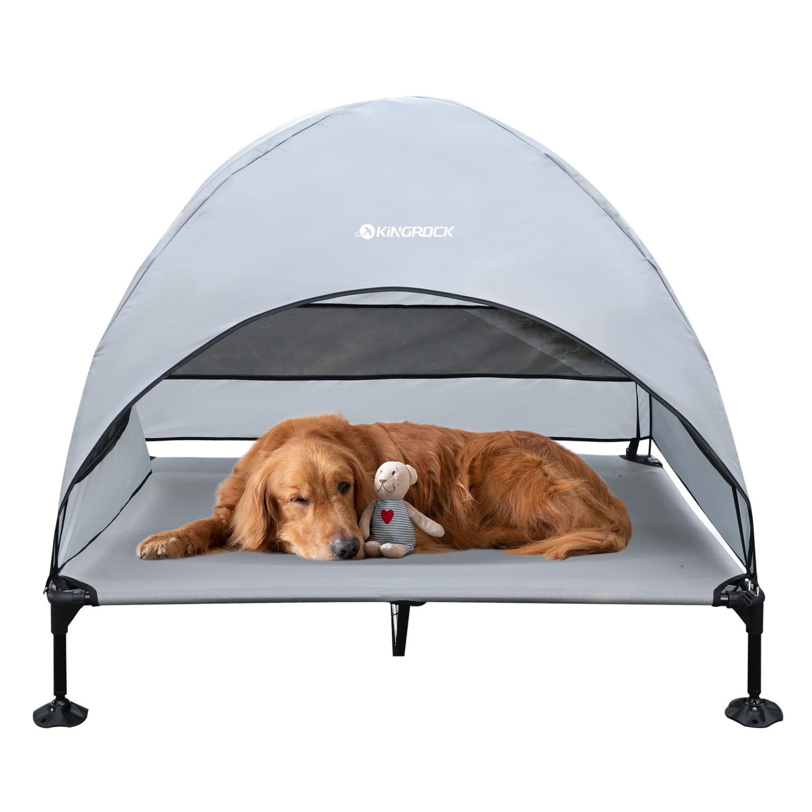 Kingrock Elevated Dog Bed Outdoor With Canopy, Portable Raised Dog Bed With Stable Anti-Slip Feet, Raised Pet Beds, Wider Shade 