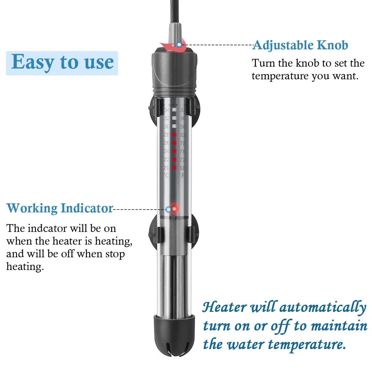 Hitop 25W 50W Adjustable Aquarium Heater, Submersible Fish Tank Heater Thermostat With Suction Cup (25W)
