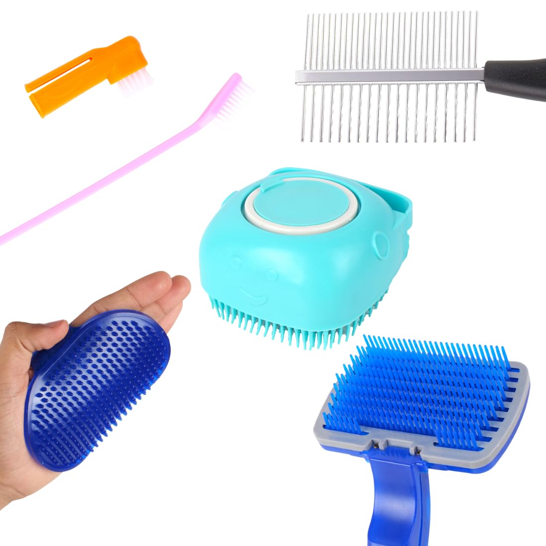 Dog Grooming Brushes Set, MultiColor Pet Grooming Tools Kit with Slicker Brush, Massage Brush, Metal Comb, and Toothbrush(5 PAC