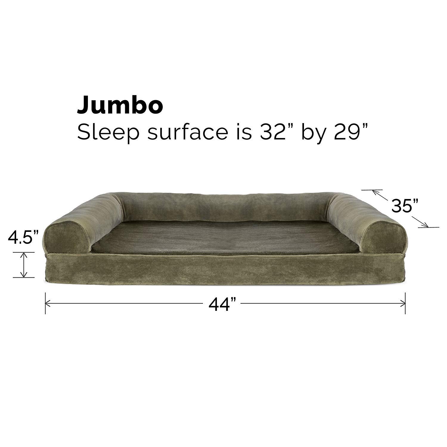 Furhaven Orthopedic Dog Bed For Large Dogs W/ Removable Bolsters & Washable Cover, For Dogs Up To 95 Lbs - Faux Fur & Velvet Sofa - Dark Sage, Jumbo/Xl