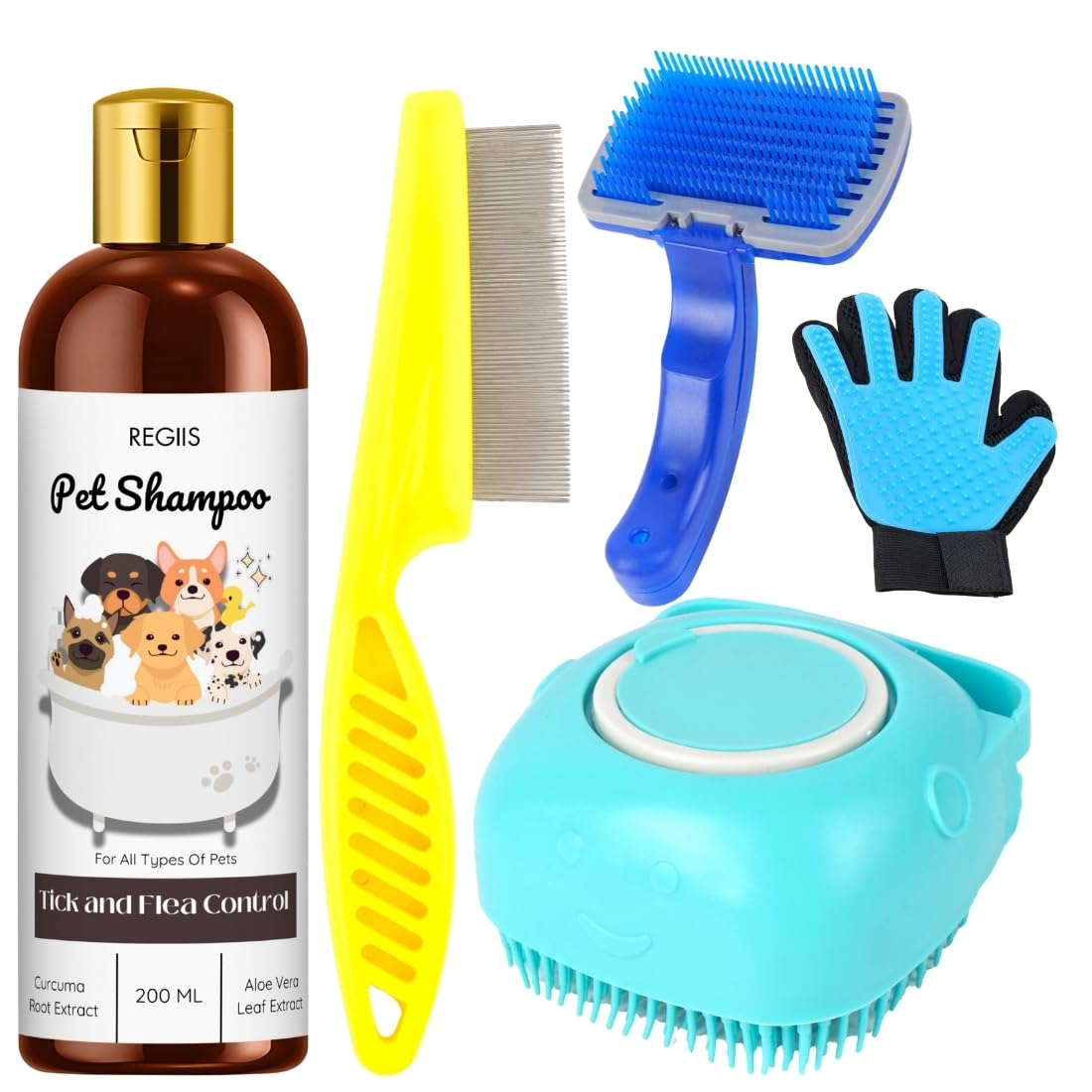 Regiis Pet Grooming Kit With Tick And Flea Control Shampoo, Deshedding Brush, Comb, Glove, 5 Piece Set For Dogs, 200Ml