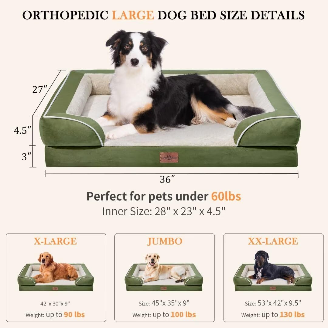 Comfort Expression Waterproof Dog Beds For Large Dogs, Orthopedic Large Breed Dog Beds, Comfy Pet Bed Sofa With Washable Removable Cover & Non-Slip Bottom(Large,Light Green)