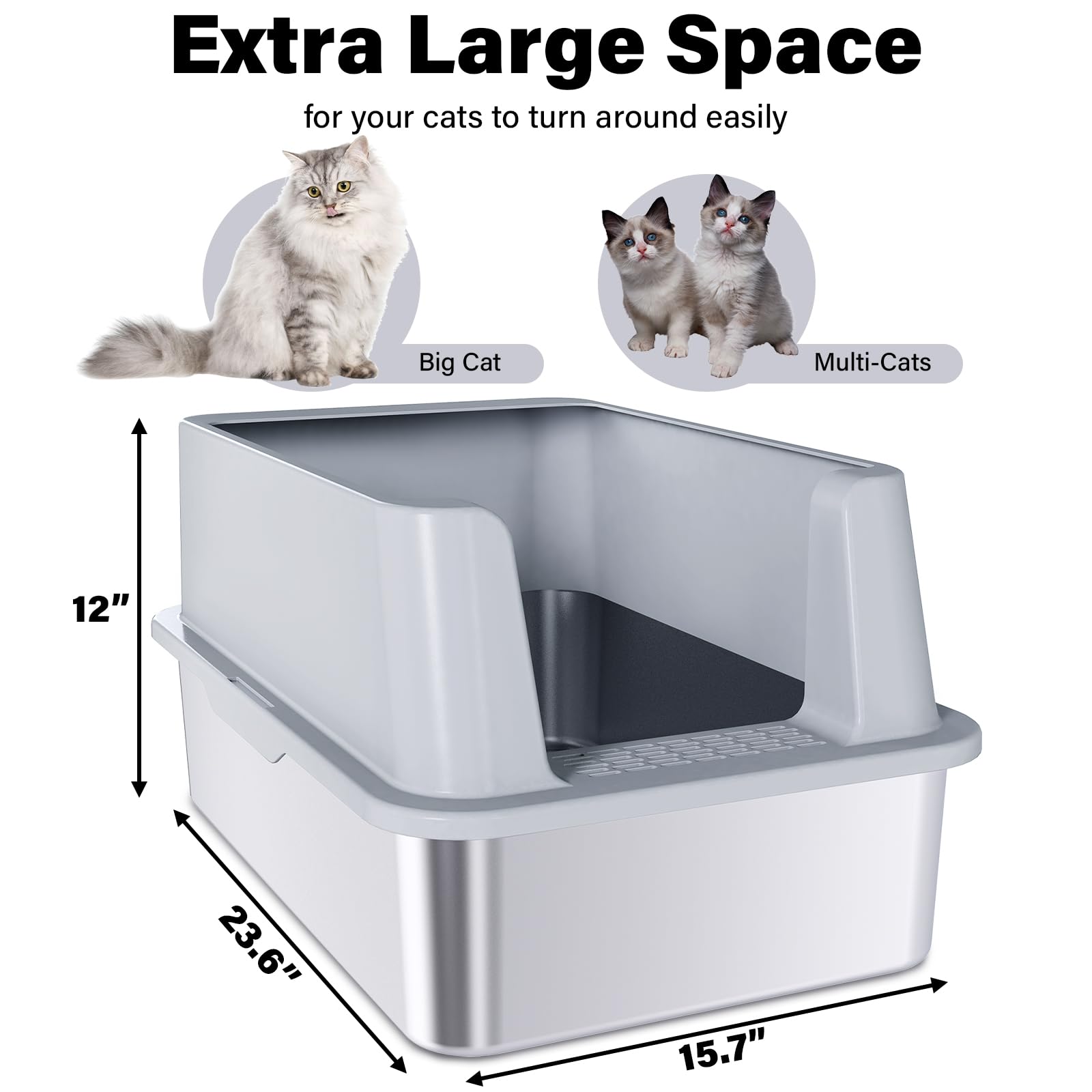 LEGOURNS Stainless Steel Cat Litter Box XL, 24"x16"x12", High Sided, Silver Pan with Light Grey Lid, Easy Clean, Model Own-Gray6040