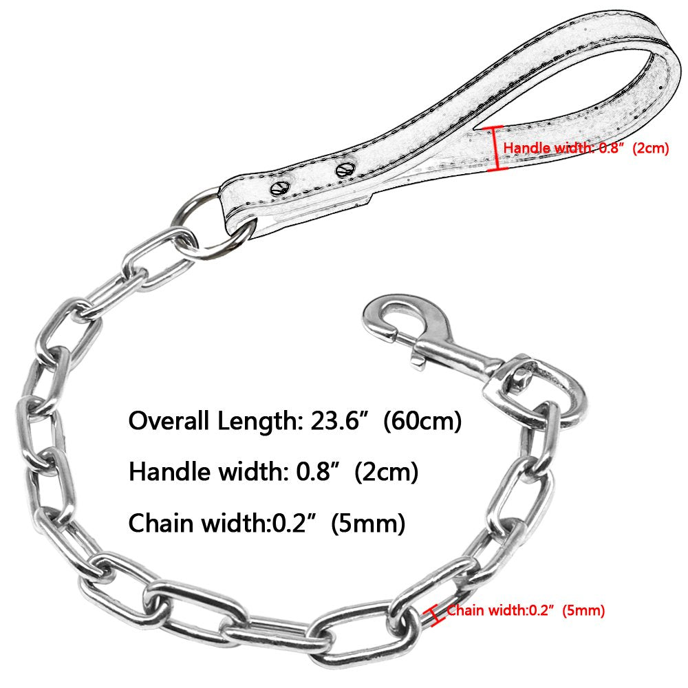 Pimaodog Metal Chain Heavy Duty Dog Leash, 28 Inch Length Training Dog Leash With Pu Leather Handle For Large & Medium Size Dogs