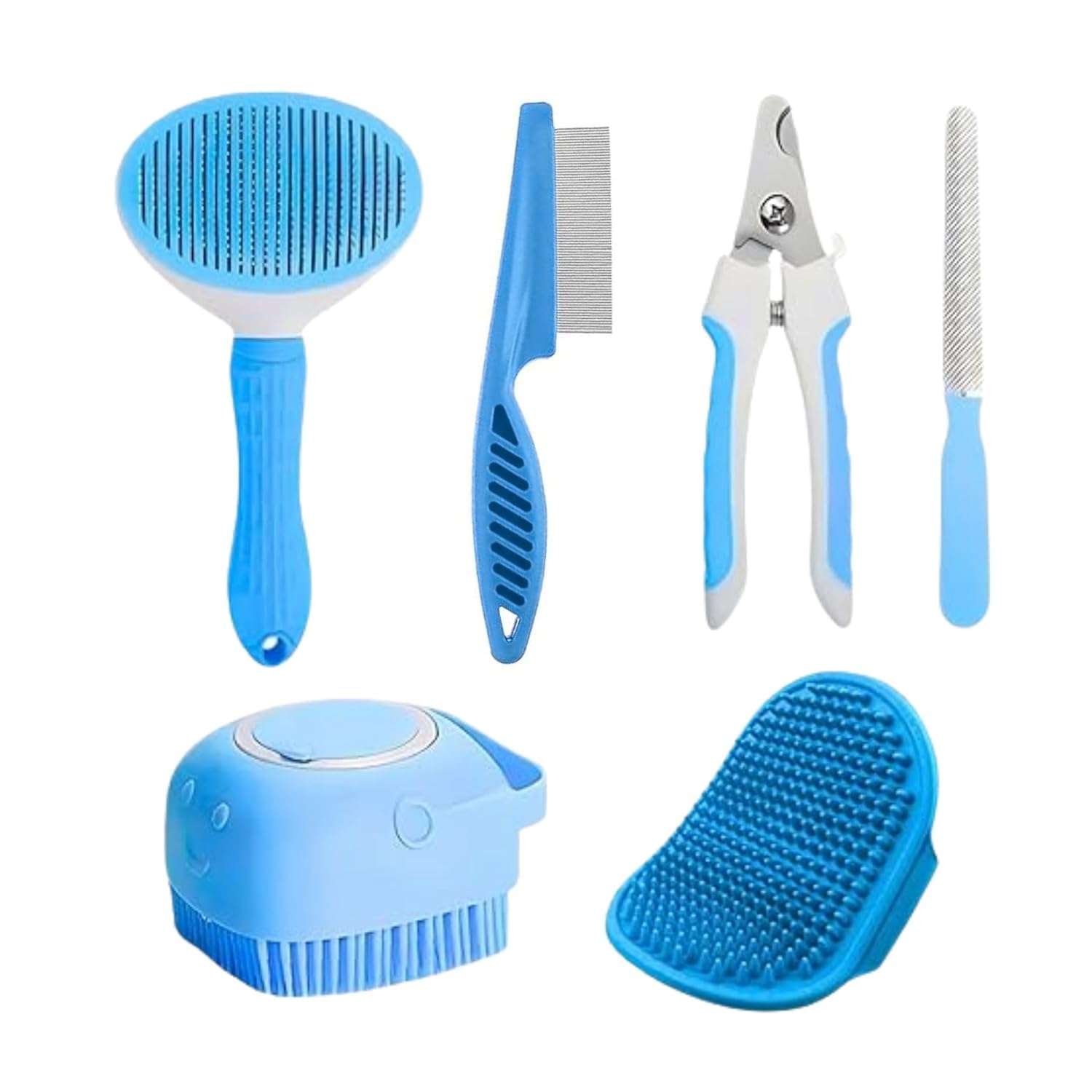 Agirav Tails 5 Pcs Self Cleaning Slicker Shedding Brush Tick Remover Shower Bathing Pet Bath Massage Brush With Soap & Shampoo D