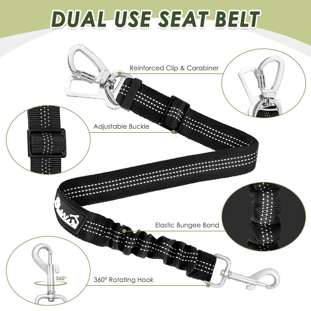 Slowton Dog Car Harness Seatbelt Set, Dog Vest Harness Adjustable Breathable & Vehicle Safety Seat Belt With Elastic Bungee For Small Medium Large Pets(Red - Double Clip,S)