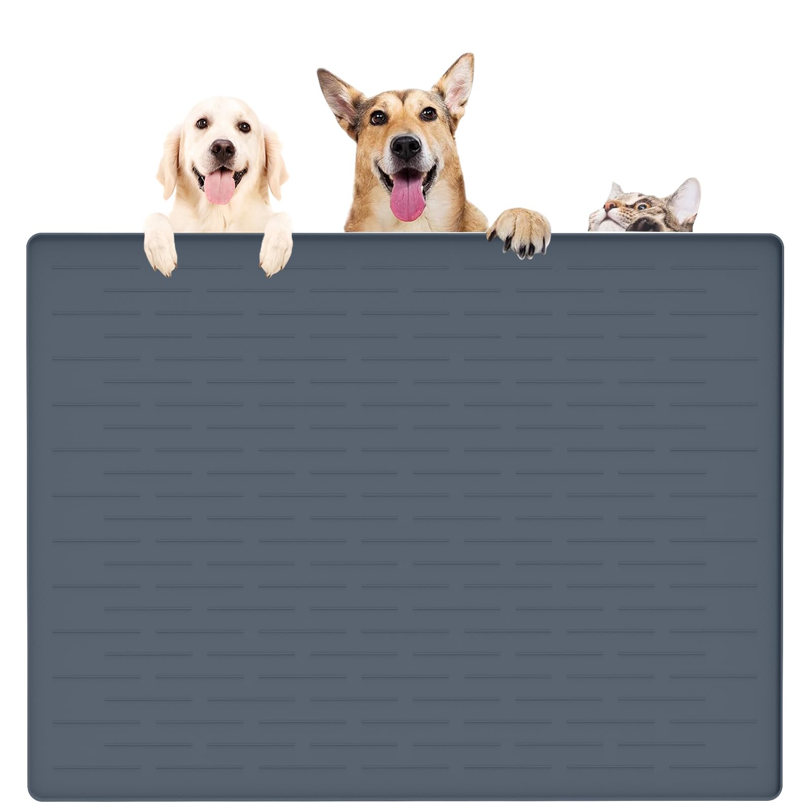 Silicone Pet Food Mats - Largest Dog Feeding Mat, 39.4 x 29.5in, Waterproof, Gray Blue