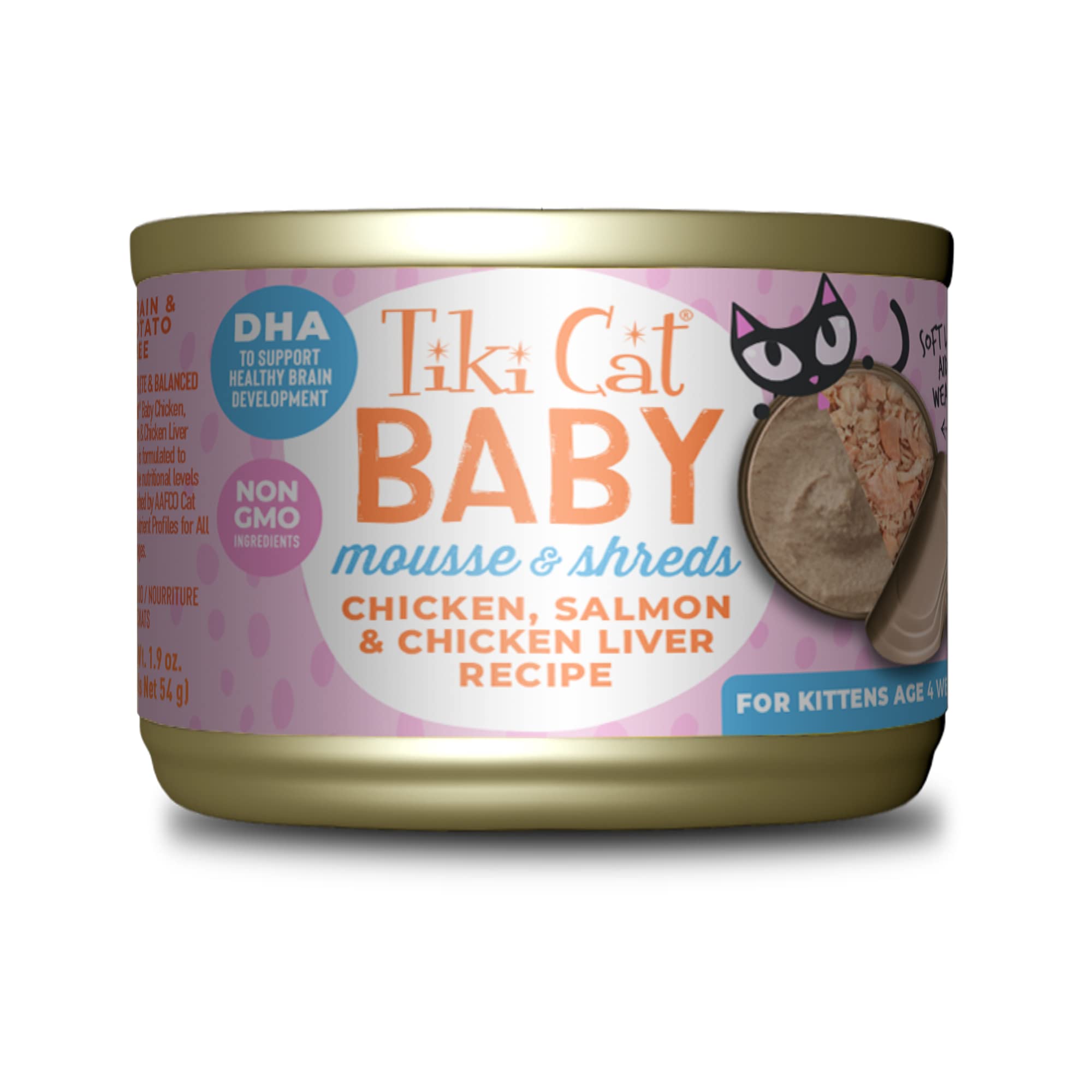 Tiki Cat Baby Mousse & Shreds, Chicken, Salmon, and Chicken Liver, High-Protein, Wet Cat Food for Kittens 4 Weeks+, 1.9 oz. Cans