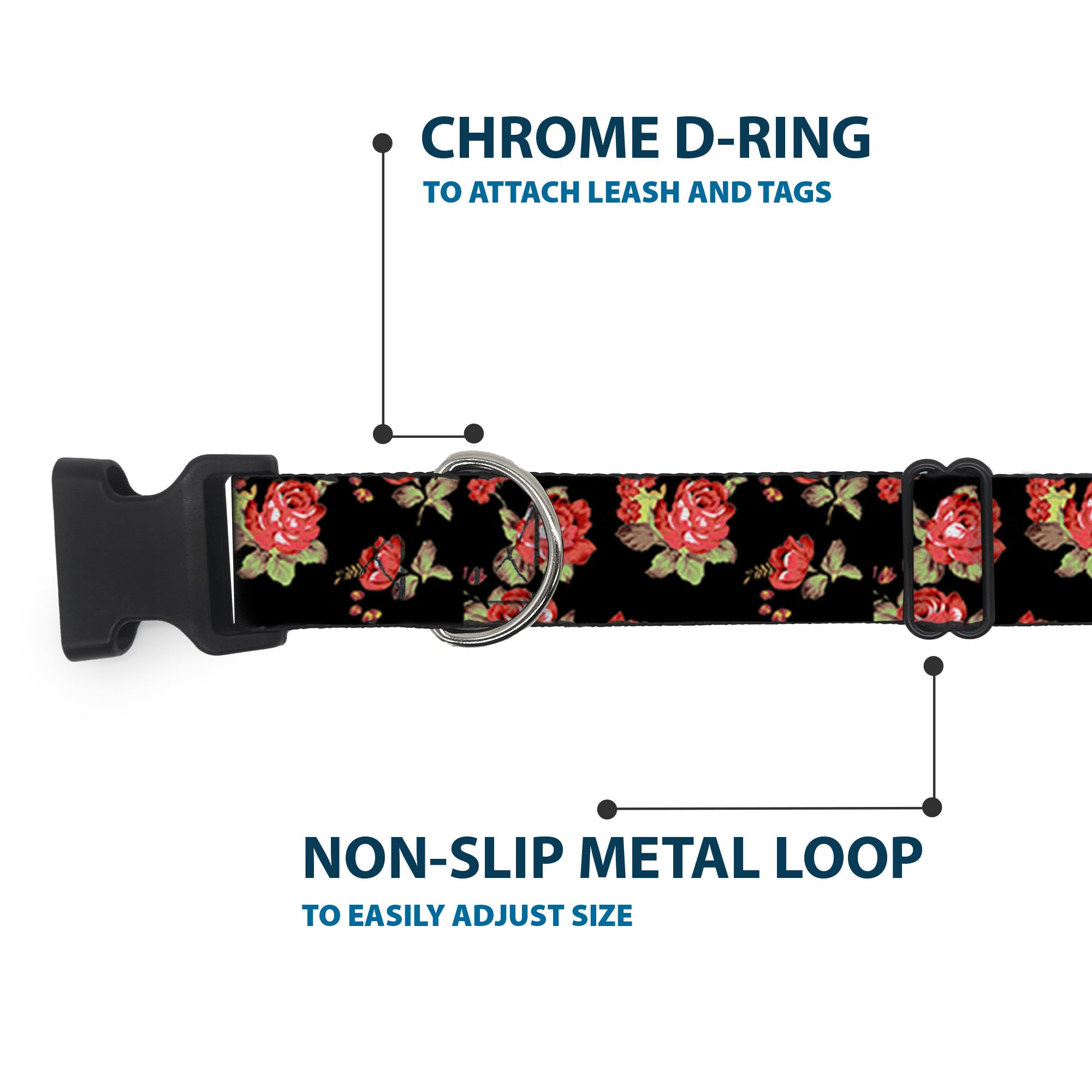 Buckle-Down 13-18 Red Roses Scattered Black Plastic Clip Collar, Wide Small