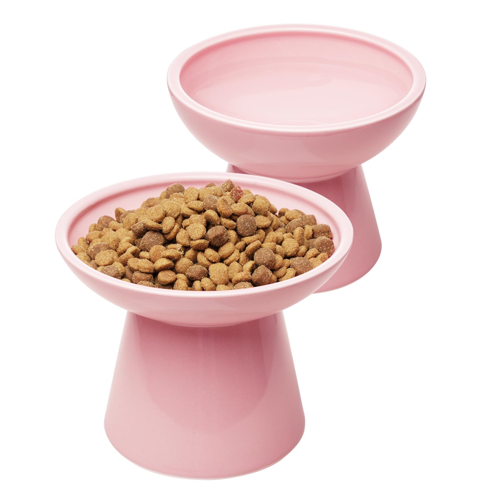 CEEFU 2 Elevated Cat Bowls Extra Wide for Food & Water - Whisker Fatigue, Ceramic Wide Shallow Food Dish, Lead & Cadmium Free, R