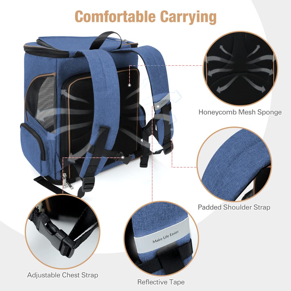 Lekereise Cat Backpack Carrier, Expandable, Fits Up to 25 lbs, 24.4"x14"x16.2", Blue, Model BP-21059, Foldable Polyester Pet Bag