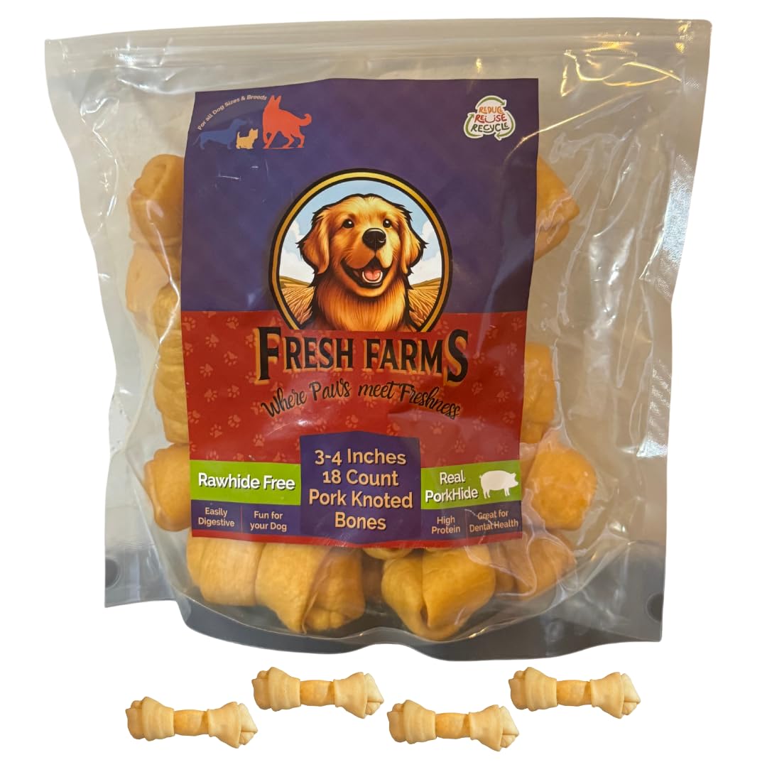 Fresh Farms 18 Pack 3-4    Pork Skin Knotted Bones for Dogs - Natural Dog Chews for Small & Extra Small Dogs - Rawhide-Free, Lon