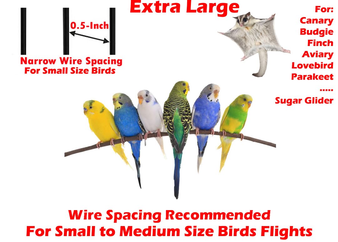 64' Extra Large Tight 1/2-Inch Bar Spacing Wrought Iron Flight Canary Parakeet Cockatiel Lovebird Finch Home Cage Side Nesting Box Doors With Removable Rolling Stand