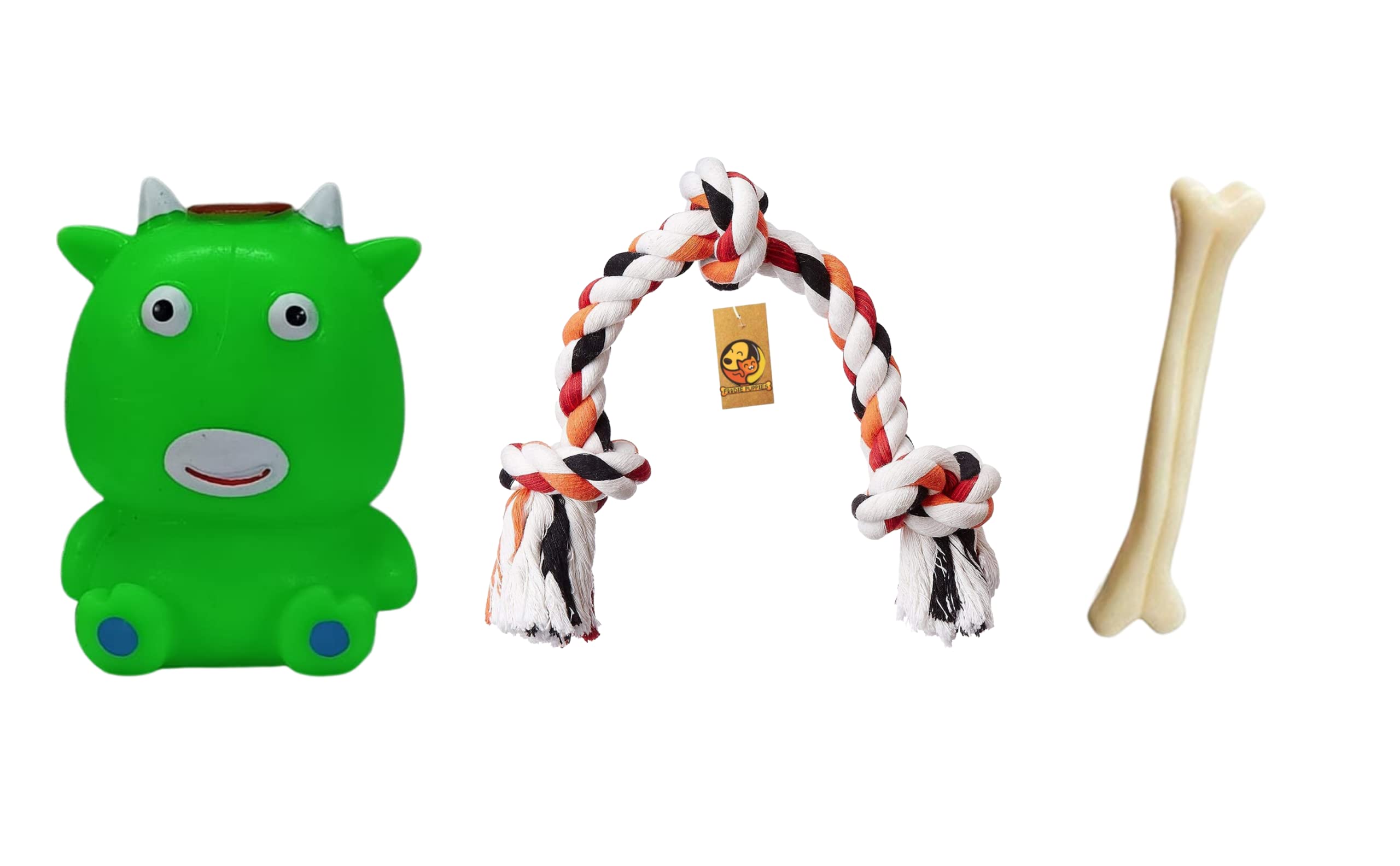 Foodie Puppies Natural Rubber Light Weight Squeaky Toy (Beannie + 3Knot Rope + Small Bone) Combo For Chewing, Playing, Training,