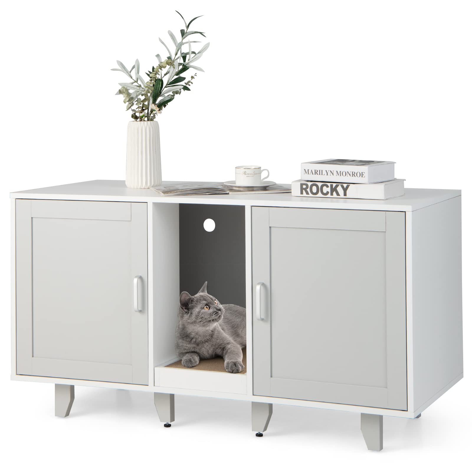 Petsite Litter Box Enclosure For 2 Litter Boxes, Hidden Cat Washroom Tv Stand End Table With 2 Cabinet, Scratching Board, Indoor Cat Litter Furniture Grey