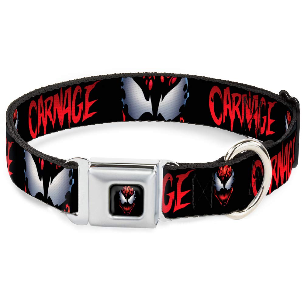 Dog Collar Seatbelt Buckle Carnage Face Eyes Black Red White 13 to 18 Inches 1.5 Inch Wide