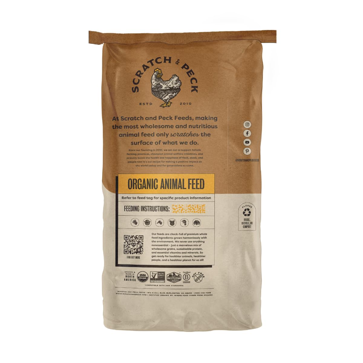 Scratch and Peck Feeds Whole Grain Layer Mash + Corn Chicken and Duck Feed - 40 lbs Bag - Soy-Free - 16% Protein, Certified Orga