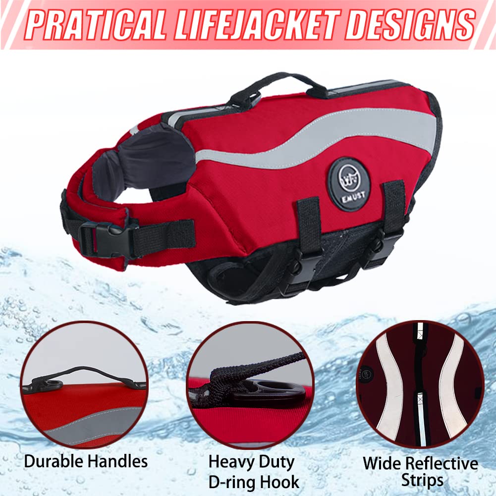 Emust Dog Life Vests, Adjustable Dog Life Jackets For Boat With Front Float, High Visibility Safety Swimsuit, Red, Medium
