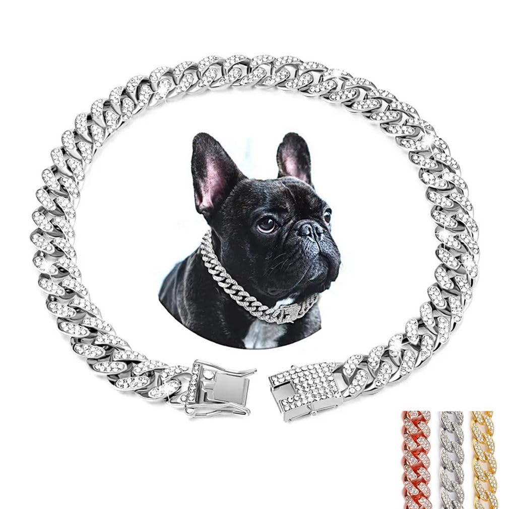 Sliver Chain Dog Collar, Glitter Rhinestone Sparkly Diamond Metal Bling Necklace Cuban Link Cat Collars For Small Medium Large P