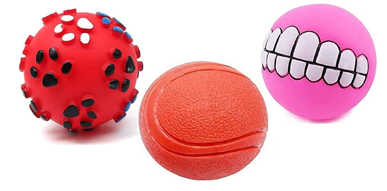 Woofy Dog Ball And Squeaky Toys 3 In 1 Combo For Dogs Puppy Cats (Paw Print+Hard Rubber Ball+Funny Teeth Ball