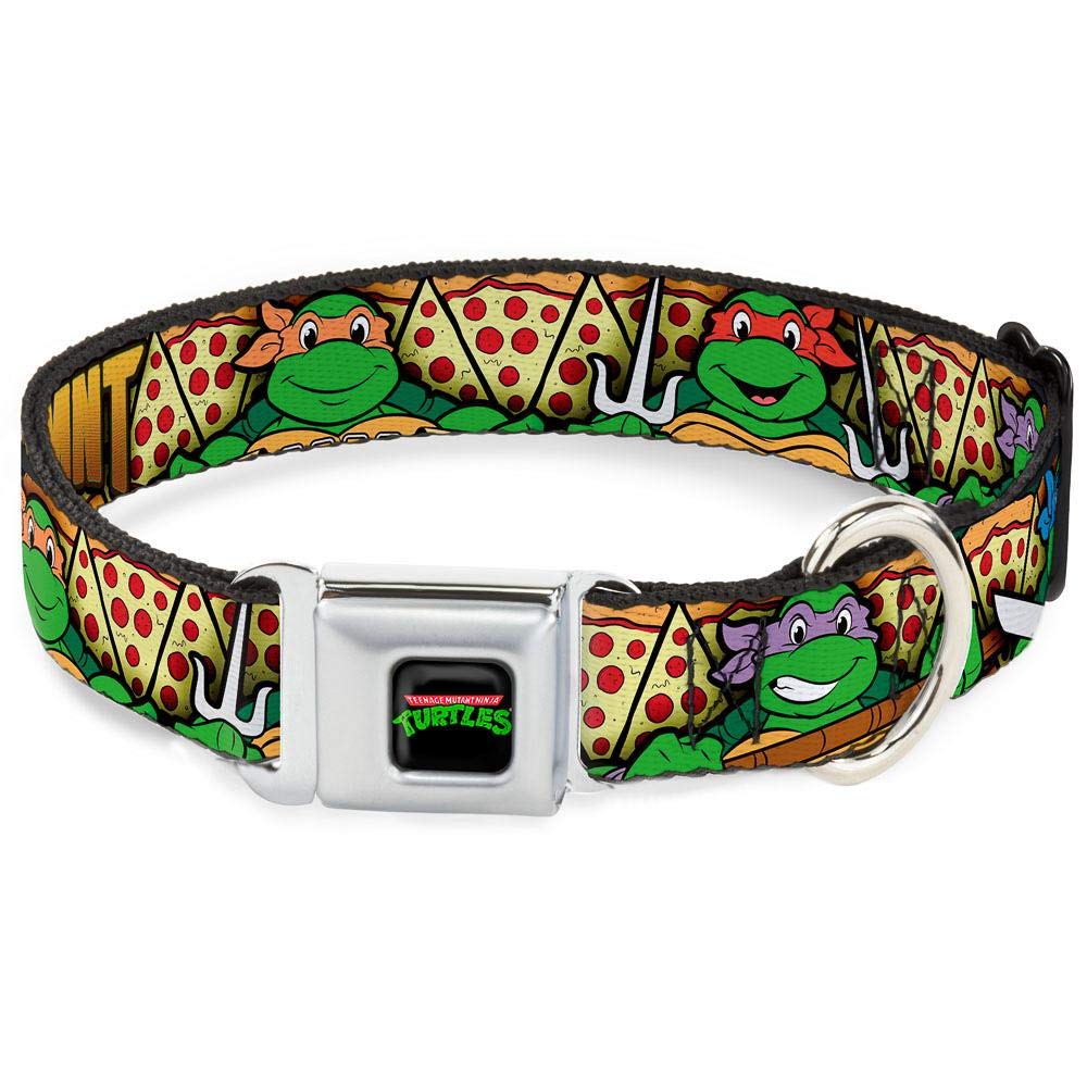 Buckle-Down Seatbelt Buckle Dog Collar - Classic Tmnt Turtle Poses/Pizza Slices - 1' Wide - Fits 15-26' Neck - Large