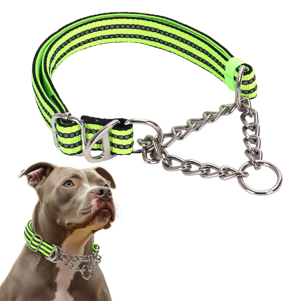 Green Martingale Collar For Medium Dogs, Reflective Nylon Dog Chain Collar Escape Proof Heavy Duty Dog Collar With Stainless Ste
