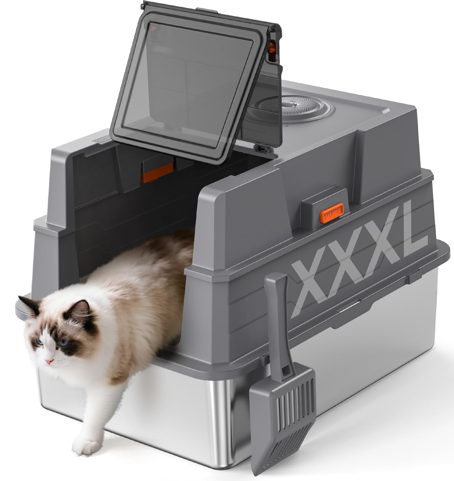 XXXL Stainless Steel Litter Box with Lid,28 L x 20.5 W x 16.5 H Extra Large Cat Litter Box Enclosure for Large and Multi-Cats Fa