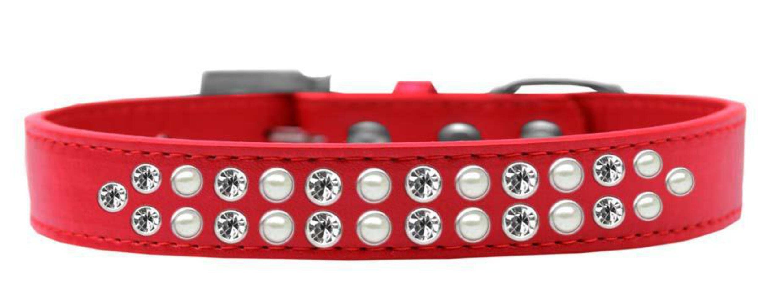 Mirage Pet Products Two Row Pearl and Clear Crystal Red Dog Collar, Size 16