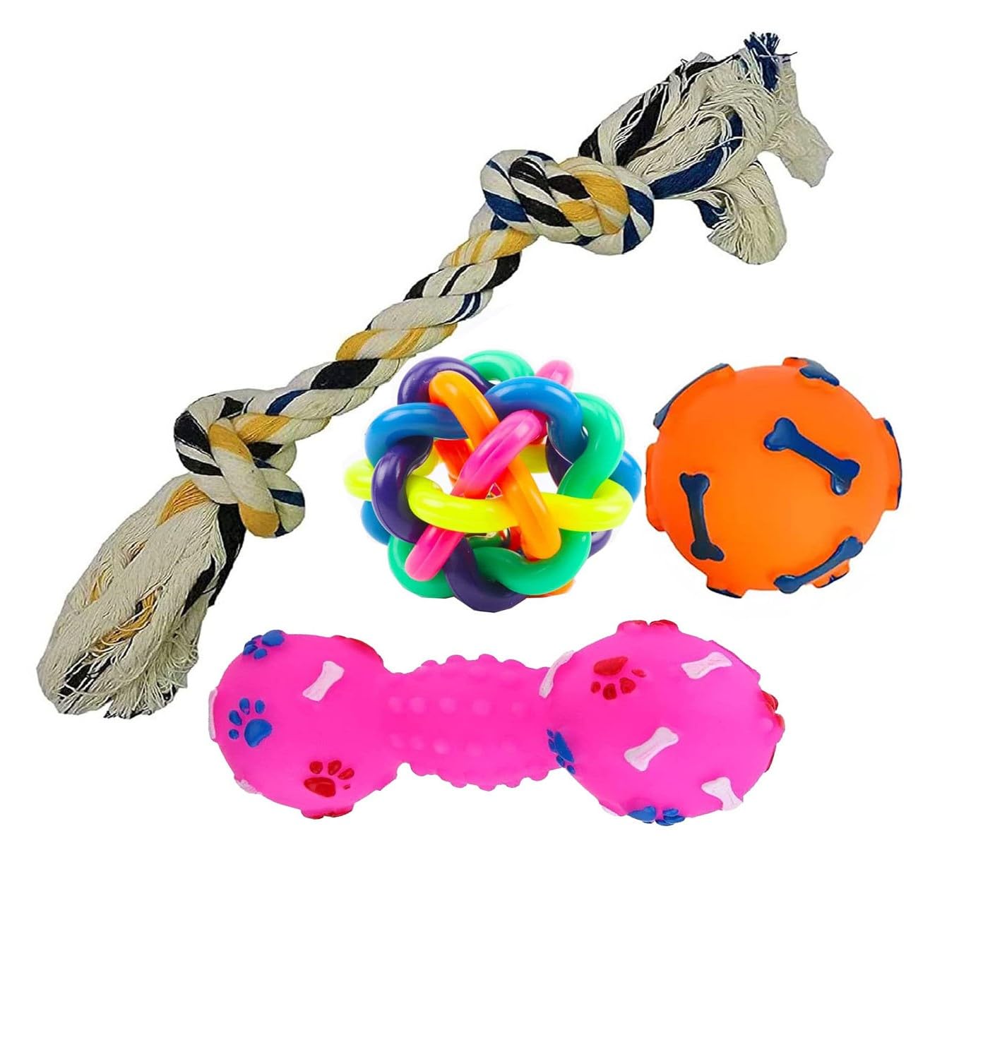 W9 Pet Products Combo Of 4 Natural Latex Squeaky Rubber Toy With 2Knotted Rope Toy For Small Breed PuppyRope,Rainbowball, Sque