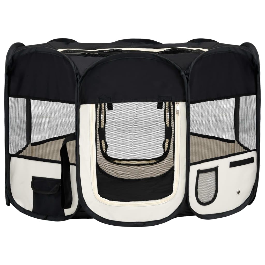vidaXL Foldable Dog Playpen - Portable Training and Play Area with Carrying Bag - Black Polyester and Steel Frame Pet Pen 43.3x
