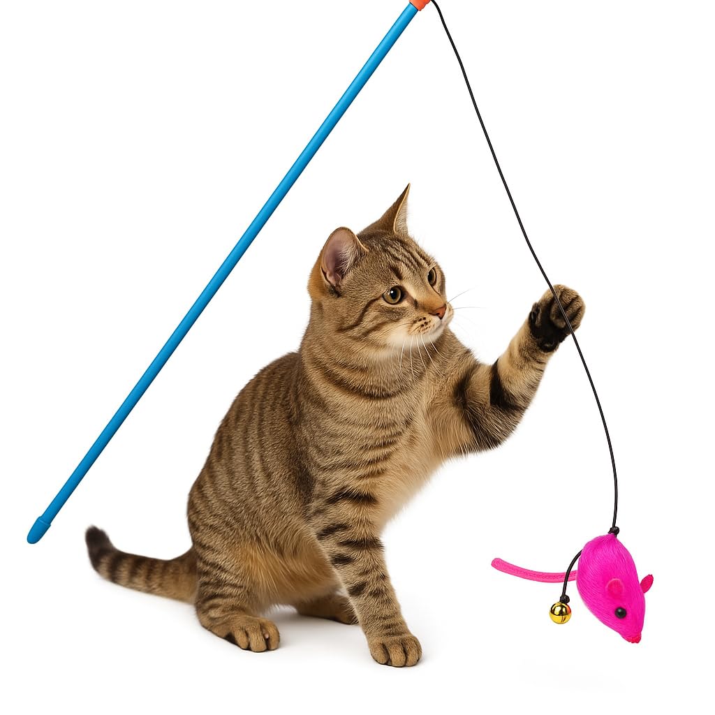 The Pets Company Interactive Mouse Cat Toy With Bell | Flexible Wand Dangler For Indoor Cats & Kittens | BiteSafe Plush Mouse T