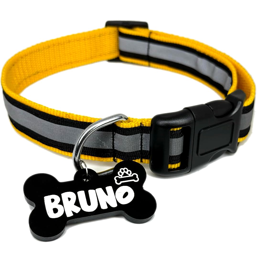 Pawpro Handmade Reflective Yellow Nylon Dog Collar With Custom Engraved Bone Id Tag Adjustable For Medium Dogs (1521 Inch)  D