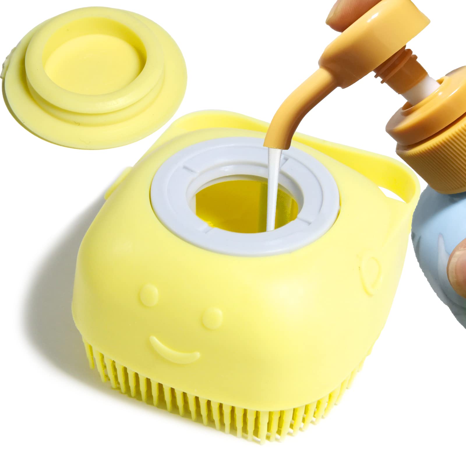 Woleigiao Dog Bath Brush, Pet Massage Brush Shampoo Dispenser, Soft Silicone Brush Rubber Bristle For Dogs And Cats Shower Grooming (Yellow)