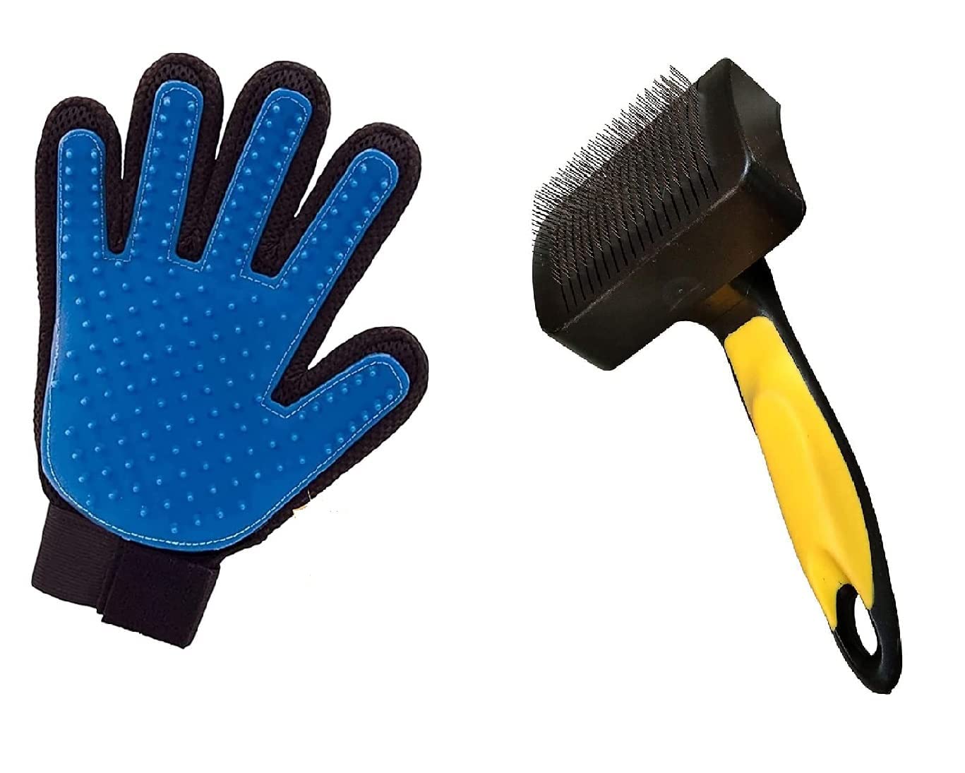 Psk Pet Mart Grooming&Deshedding Combo Pack Of Plastic Slicker Brush And Flea Comb (Color May Vary) (True Touch Gloves + Yellow