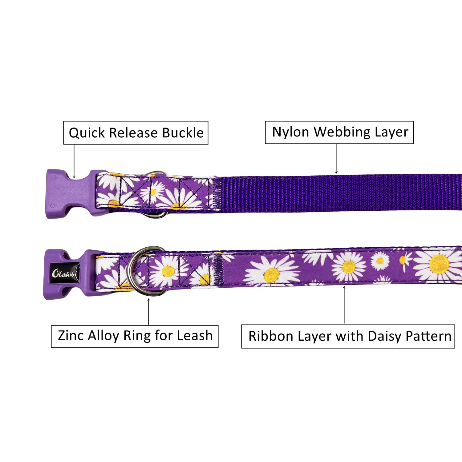 Olahibi Dog Collar Leash Set, Floral Pattern, Nylon Webbing Plus Cotton Ribbon, 5Ft Matching Leash, For Small Dogs.(S, Purple Da