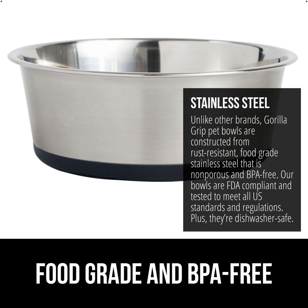 GORILLA GRIP Dog Bowls, Holds 1 Cup Each (8 fl oz), Heavy Duty Stainless Steel Food and Water Bowl for Feeding Dogs and Cats, Di