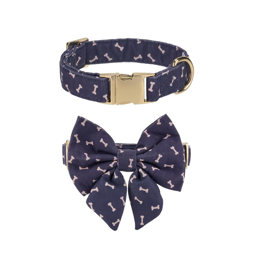 Wagging Tail Adjustable Lady Bow Tie And Collar For Small To Large Dogs, Puppy Collar With Bowtie - Comfort Soft Cotton (Navy Do