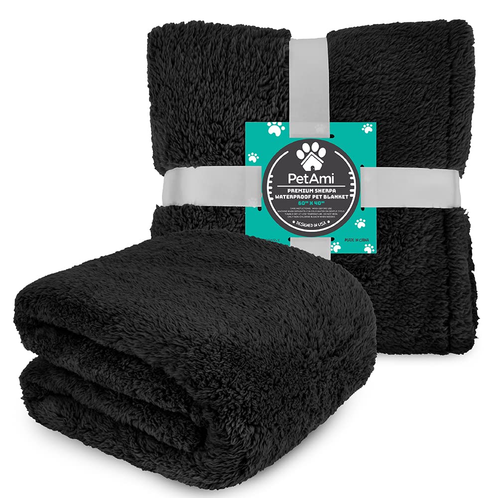 Petami Fluffy Waterproof Dog Blanket For Medium Large Dogs, Soft Warm Pet Sherpa Throw Pee Proof Couch Cover, Reversible Cat Bed Blanket Sofa Protector, Plush Washable Pad (Black, 40X60)