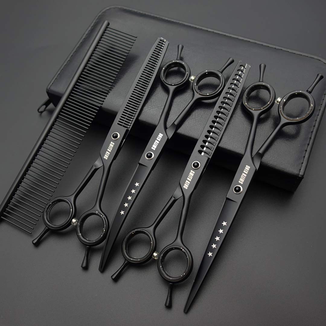 Smithking 7" Professional Dog Grooming Scissors Set, 5-Piece, Stainless Steel, Right-Handed, Black