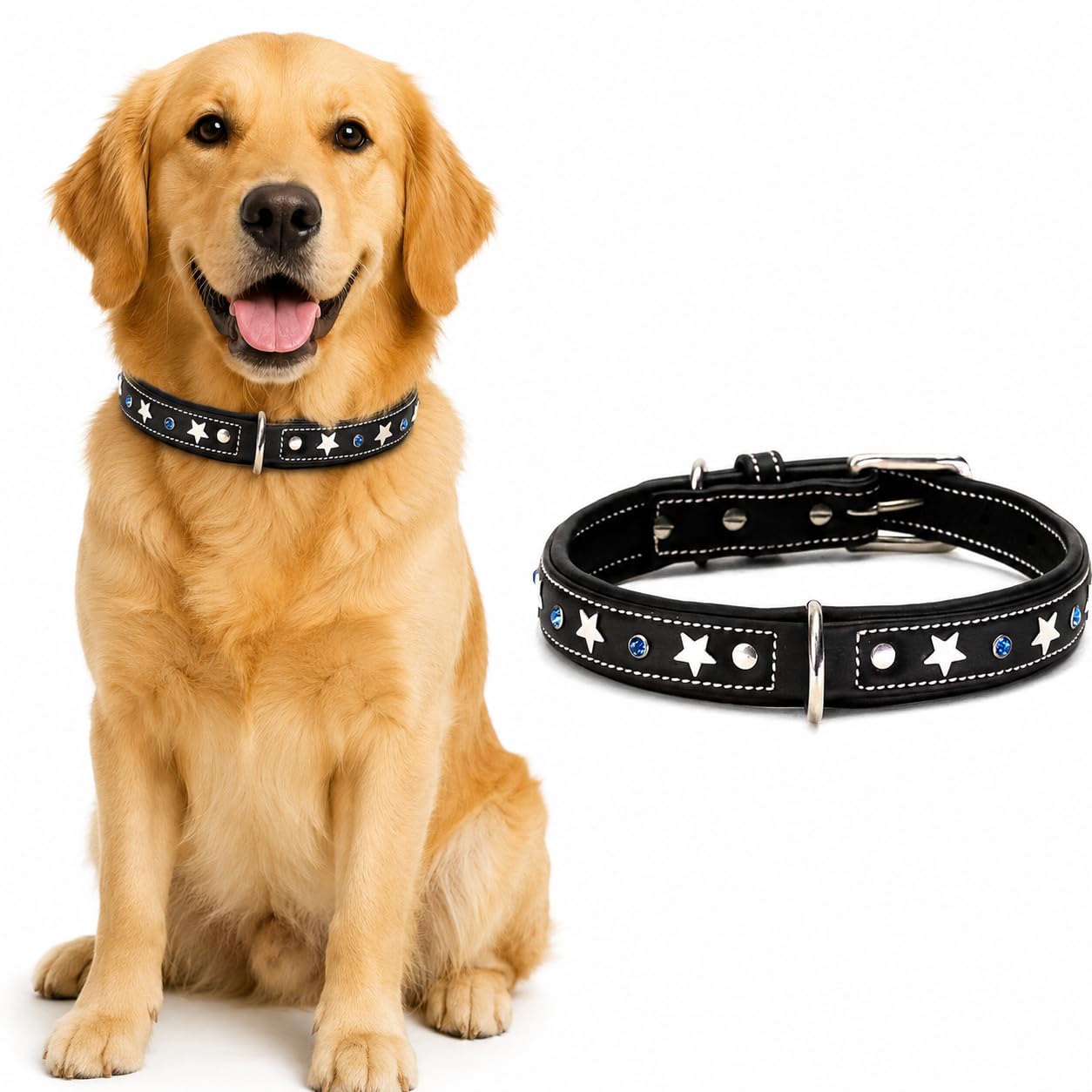 AdilS Adjustable Leather Dog Collar With Silver Softy Stars And Blue Accent Studs, 1 Inch Width Crystal Studded Classic Design F