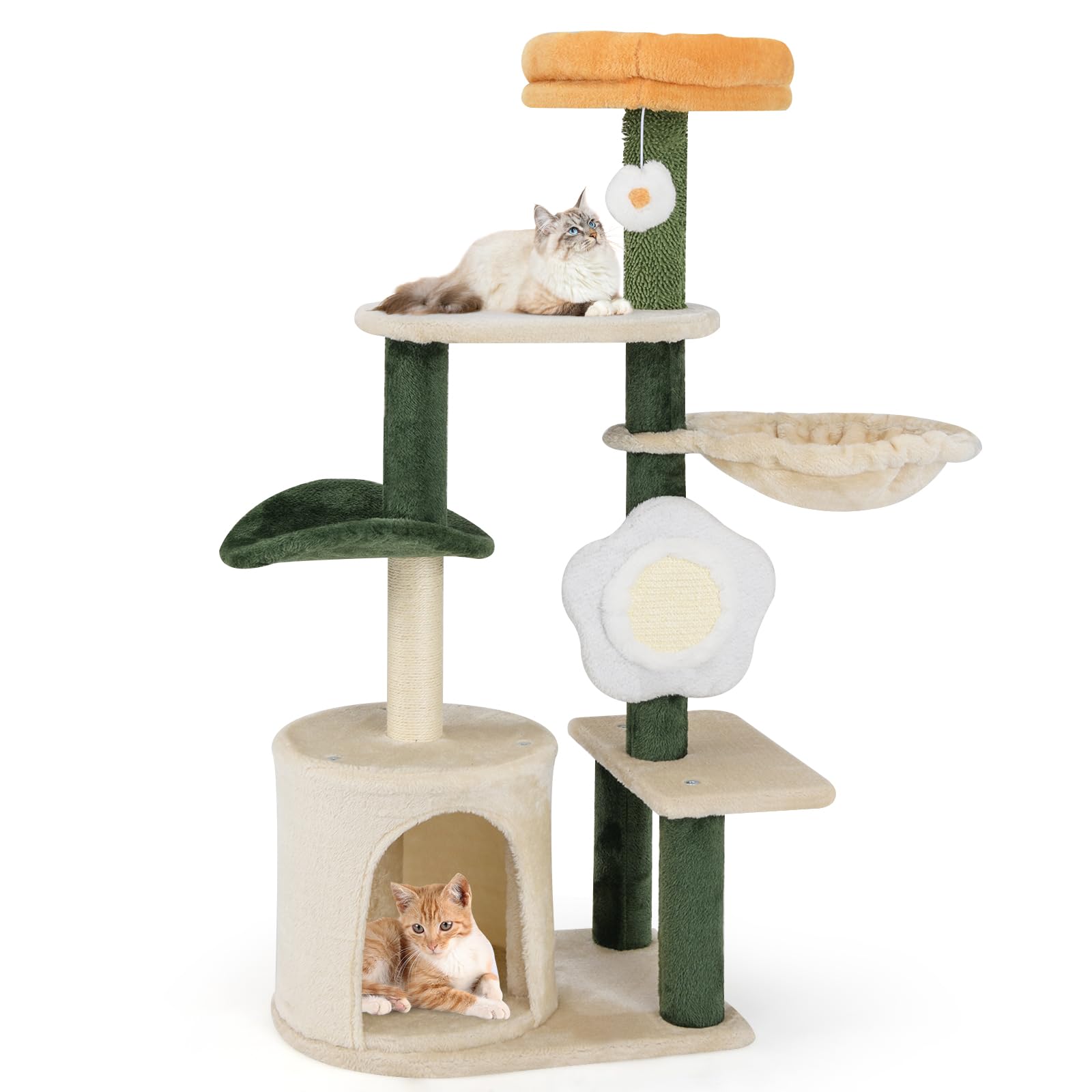 PETSITE 45 Inch Flower Cat Tree, Multi-Level Cat Tower with Scratching Posts, Flower-Shaped Sisal Scratching Board, Soft Perch, 
