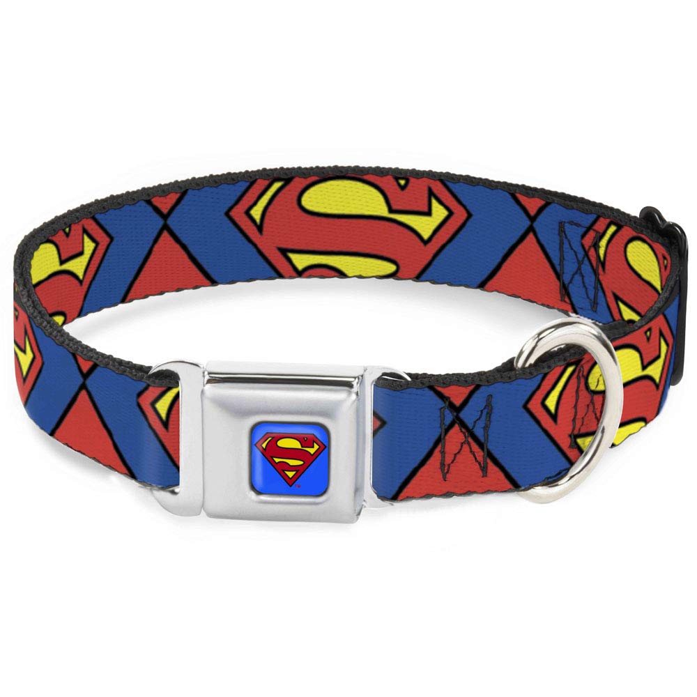 Buckle-Down Dog Collar Seatbelt Buckle Superman Shield Close Up Blue Red Yellow, Multicolor, 1.5' Wide - Fits 16-23' Neck - Me